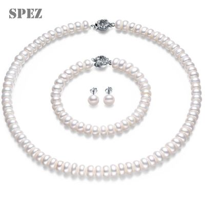 Natural Pearl Sets 8-9mm Freshwater Pearl Jewelry Set 925 Silver Earrings Diamond Necklace Bracelet For Women Wedding Gift