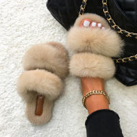 Furry Slides For Women Faux Rabbit Fur Slippers Fluffy Flip Flops Plush House Slippers Non-Slip Flat Sandals Female Home Shoes