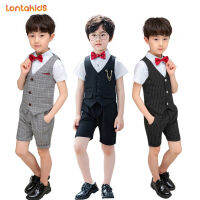 Lontakids ชุดสีทึบลายสก็อตสำหรับเด็ก,4ชิ้นเสื้อ + กางเกงขาสั้น + เสื้อ + โบว์ผูกแขนสั้นเป็นทางการชุดเสื้อผ้าสำหรับงานปาร์ตี้วันเกิดงานแต่งงานสำหรับ2-11ปี