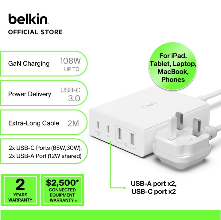 Belkin WCH010myWH BoostCharge Pro 4-Port GaN Charger 108W+2M cable (Samsung  S23, iPhone, laptop, MacBook, iPad) Lazada Singapore
