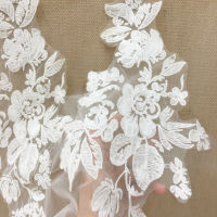 10 pairs lot Clear sequin cotton floral embroidery lace applique in off white , bridal veil lace patch wedding veil motif