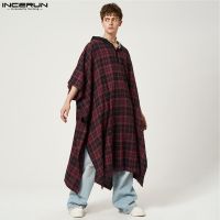 2023 Men Cloak Hoodies Plaid Patchwork Hooded Irregular Long Style Sweatshirt Men Streetwear Loose Fashion Ponchos 5XL INCERUN 7