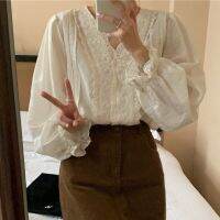 [COD] Korean chic sweet temperament lace stitching V-neck long-sleeved womens spring and autumn fairy top