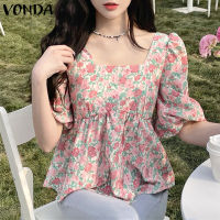 (จัดส่งฟรี)Fancystyle VONDA เสื้อสวมหัวผู้หญิงลายดอกไม้,ปกสี่เหลี่ยมตลกแขนพองเสื้อเป็นชั้นๆ