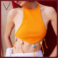 VICKS Halter Neck Cropped Blouse with Beaded Fringe เสื้อคล้องคอ ตัวสั้น ตกแต่งสายห้อยลูกปัด