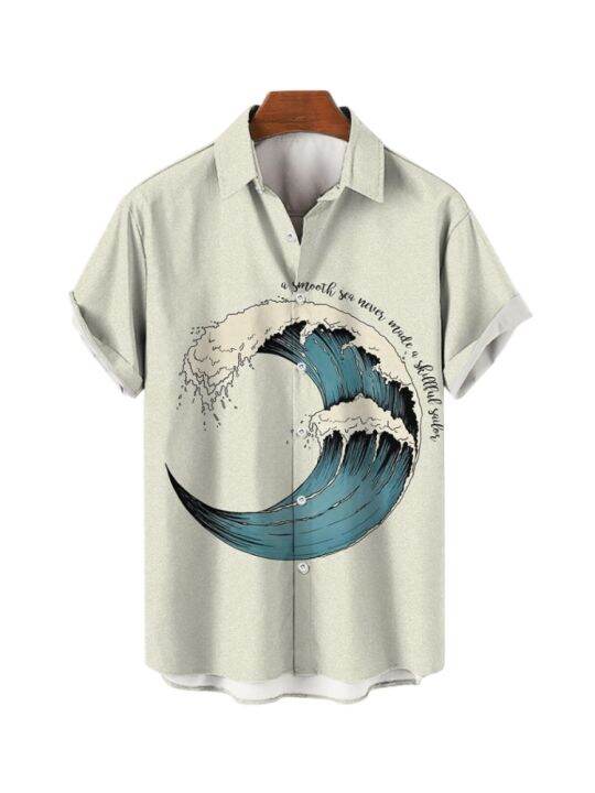 เสื้อเชิ้ตฮาวายสำหรับผู้ชายโอเวอร์ไซส์ฤดูร้อนเสื้อชายหาดฮาราจูกุลายคลื่นอนิเมะสไตล์แฟชั่นสำหรับผู้ชาย