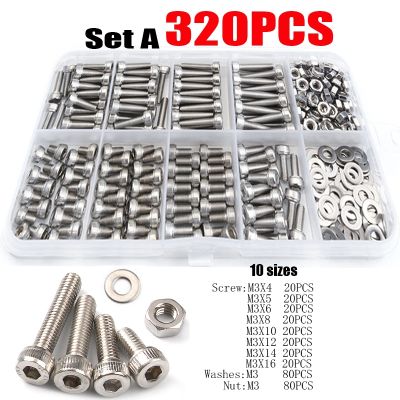 320pcs M3 304 Stainless steel hexagon socket head cap screw nut gasket Round Head Screw Bolt Nut Set Assortment Kit Box