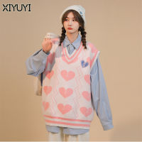 XIYUYI เสื้อหนาวหัวใจ2023เสื้อกั๊กกันหนาวหวานย้อนยุคญี่ปุ่นเสื้อถักหลวมใหม่