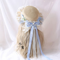 Small Fresh Pastorale Style Lace Bow Long Ribbon Straw Hat Soft Sister Mori Girl Lolita Summer Kawaii Beach Sun Hat Flat Cap