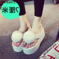 2021 fur ball feather thick-soled high-heeled flip-flops womens summer slope heel muffin slippers beach sandals and slippers women