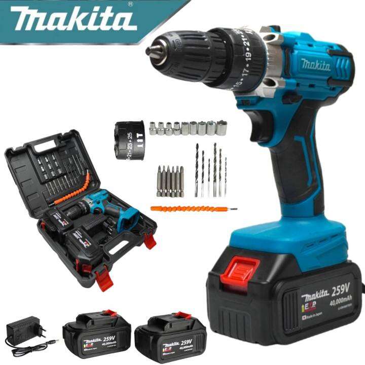 makita-สว่านไร้สาย-259v-3ระบบ-เจาะเหล็ก-เจาะคอนกรีต-ขันน็อตสกรู-เจาะกระแทกได้-พร้อมอุปกรณ์-งานเทียบ