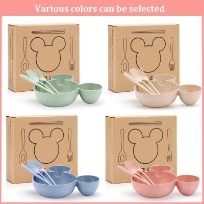 3pcs Wheat Straw Baby Cartoon Tableware Set Childrens Dishes Kids Dinner Platos Baby Feeding Plate Training Bowl Spoon Fork