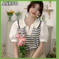 ANRUO เสื้อโปโลลายทางแขนสั้น,เสื้อสเวตเตอร์ผ้าไหมน้ำแข็งปลอมสองชิ้น2023ใหม่