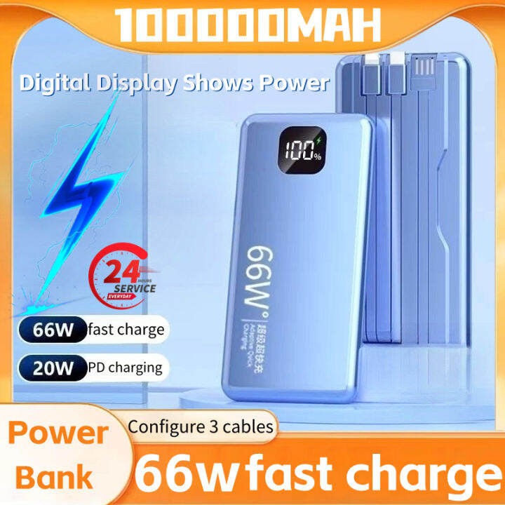 66W 100000mAh POWER BANK PD Quick Fast Charge Inbuilt 3 Cable Power