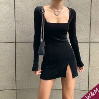 ☃✆✁ Sexy Side Split Collar Long Sleeve Spring Dress Women Knitted Bodycon Party Clubwear Mini Dresses