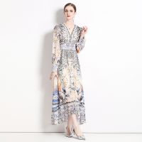 Womens Dress Fashion Retro Spring and Summer French Chiffon Dress Womens Retro Printed Elegant High Waist Long Sleeves Long Dress