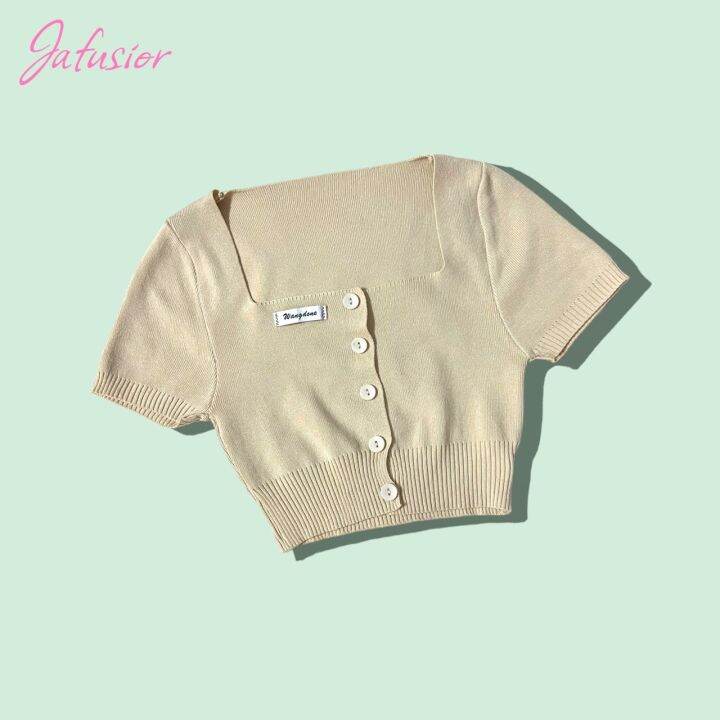 jafusior-เสื้อครอป-เสื้อไหมพรม-กระดุมหน้า-แขนสั้น-สีครีม-อกยืดได้ถึง36นิ้ว