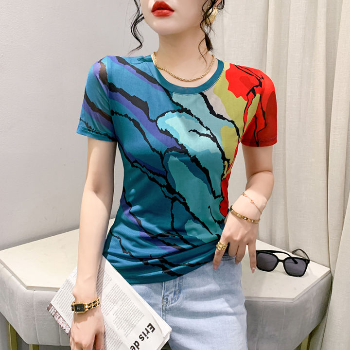 rehin-เสื้อยืดผู้หญิงแขนสั้นพิมพ์ลายคอกลมตาข่ายแฟชั่นสไตล์เกาหลีแบบใหม่ฤดูร้อน