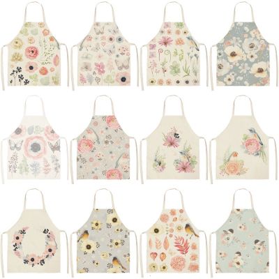 Home Bird Flower Printed Cotton Linen Pinafore Kitchen Apron Women Home Cooking Baking Waist Bib Korean Kitchen Supplies Tablier