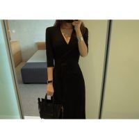 Ready Stock Women Wrap Dress Casual Lace-up Slim Waist V-neck Long Dresses