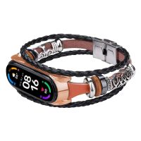 （Bar watchband）สายหนังสำหรับ Xiaomi Mi Band 6 5,สายรัดข้อมือสำหรับ MIband 7 Mi Band 5สายนาฬิกาข้อมืออัจฉริยะลูกปัดชาติพันธุ์กล่องโลหะย้อนยุค