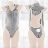 Cute Bunny Girl Cosplay Costume Sexy Zipper Lingerie Set Tempatation Backless Rabbit Ear Bodysuit Kawaii Lovely Hoodie Tops New