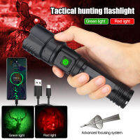 LED Hunting Flashlight L2 Lamp Beads USB-C Charging Torches Green Red Light With Zoom Function LED Rechargable Adjustable Focus