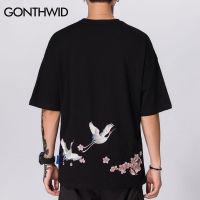 GONTHWID Harajuku Embroidery Cranes Cherry Blossoms Flowers T-Shirts Men Casual Short Sleeve Top Tees Hip Hop Streetwear Tshirts