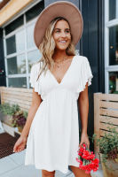2022 Summer European and American womens lotus leaf sleeve V-neck backless T-shirt dress new loose fashion casual skirt