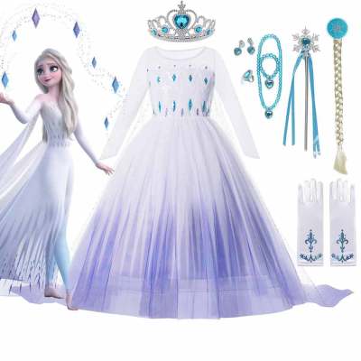 2022 Frozen 2 Costume for Girls Princess Dress White Ball Gown Birthday Kids Snow Queen Cosplay Carnival Clothing