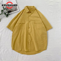 KYUSHUAD สีทึบแขนสั้นเสื้อชายญี่ปุ่นหลวมเครื่องมือห้าจุดแขนเสื้อสไตล์ฮ่องกงสีขาวแนวโน้มเสื้อแขนสั้น