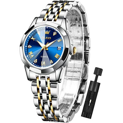 OLEVS Womens Watch Fashion Dress Diamond Female Watches for Ladies Analog Quartz Stainless Steel Waterproof Luminous Day Date Two Tone Wristwatch blue watch for women