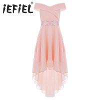 ZZOOI Flower Girls Dress Elegant Princess Chiffon Summer Dress with Shiny Beaded Sash Sweetheart Off Shoulder High-Low Hem Party Dress