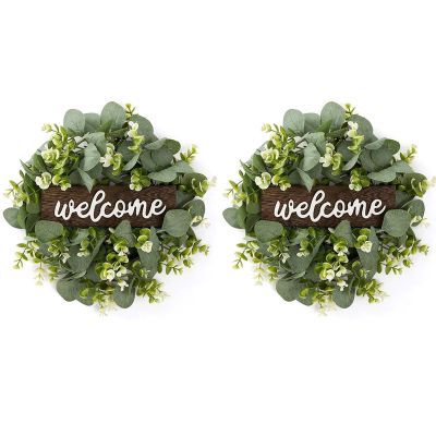 2X Welcome Sign with Garland Door Decoration Wooden Hanging Sign with Artificial Eucalyptus Farmhouse Porch Decoration