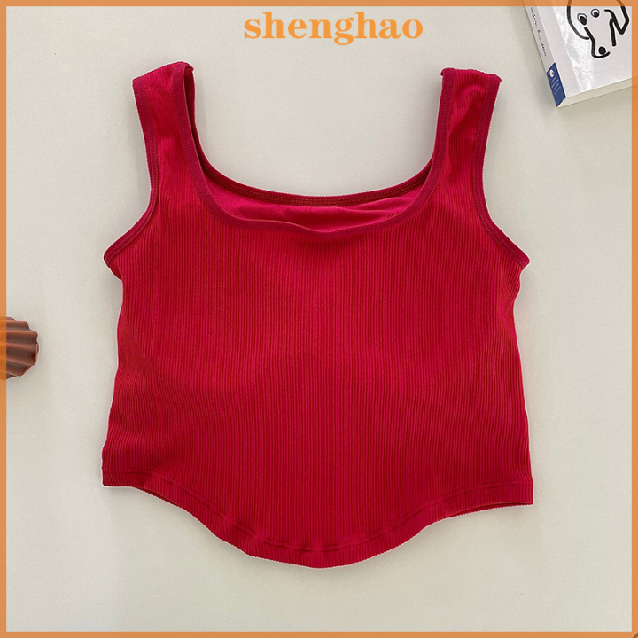 shenghao-เสื้อกล้ามผู้หญิงเข้ารูปพิมพ์ลายตัวอักษรคอเหลี่ยมย้อนยุคแฟชั่นฤดูร้อน