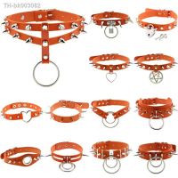 ۩ 2021 Summer Fashion Punk Orange Color PU Leather Necklace For Women Goth Spike Choker Necklace Couple Jewelry Egirl Party Gifts