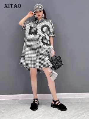 XITAO Dress Fashion Goddess Fan Casual Irregular Lattice Shirt Dress