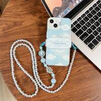 เคสสายคล้องแบบคาดตัวมีเชือกห้อยประดับมุกเมฆสีฟ้าสีขาว,สำหรับ IPhone 14 13 12 11 Pro Max Protection พร้อมด้วยตัวหนีบน่ารัก