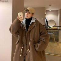 Twitflick Color-Blocking Hooded Woolen Coat ผู้ชายคุณภาพสูงฤดูหนาว Vintage หนา Top ปลอมสองชิ้นเสื้อคู่