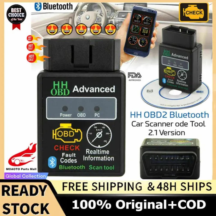 【High Quality+ In Stock】MOAOTO Auto Automobile Analyzer Diagnostic Tool Bluetooth ELM327 HH V2.1 OBD2 Car Engine Fault Scanner Reader Car Fault Diagnostic Android Torque | Lazada