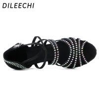 DILEECHI รองเท้าเต้นรำละติน Rhinestone สีดำซาตินทองรองเท้าส้นสูงผู้หญิงพรรคซัลซ่ารองเท้าเต้นรำบอลรูมมาใหม่