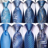 Hi-Tie Light Blue Striped Novelty Silk Wedding Tie For Men Handky Cufflinks Nicktie Set Fashion Design Business Party Dropship Ties