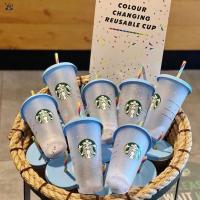 Starbucks สายรุ้งพลาสติกแก้วแบบมีหลอดพร้อมฝาปิดแก้วเปลี่ยนสีเย็น