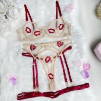 2023 Korean Fancy Lingerie Red Lips Embroidery Sissy Delicate Underwear Transparent Bra Set Woman 3 Pieces Sensual Lace Outfit