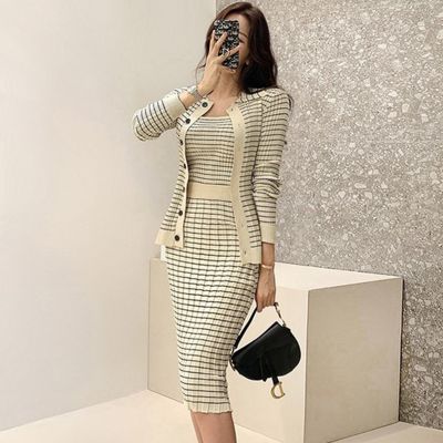 H Han Queen Korean Knitting 3 Pieces Set Women Knitted Sling + Cardigan And Pencil Skirts Casual Simple Office Lady Skirt Suit