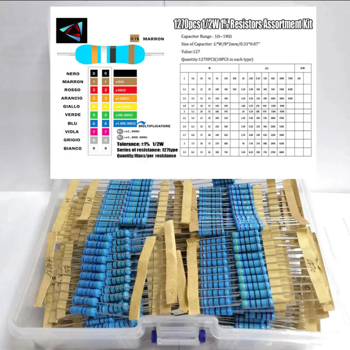 1270PCS 12W 0.5W 1 1R~1M Ohm 127Values Metal Film Resistor Assortment Kit