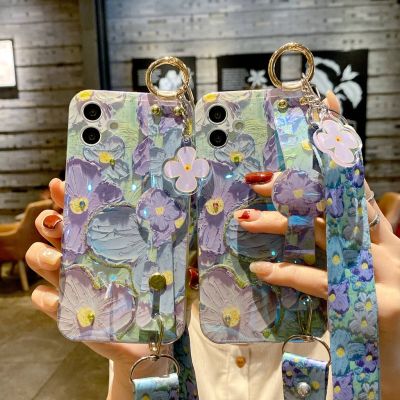 Lanyard Wristband Oil Painting Flowers Glitter Rhinestones Case 13 Pro MAX 13 Pro 13 12 Pro MAX 12 Pro 12 mini 12 11 Pro 11 Pro 11 XS MAX XR XS X 7 8 Plus Blue Ray Soft Cover