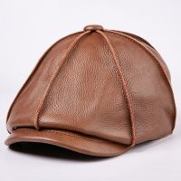 Mens Genuine Leather Hat Male Cow Cap Male Cowhide Warm Baseball Cap Adult Ear Protection Outdoor Octagonal Hat B-7207