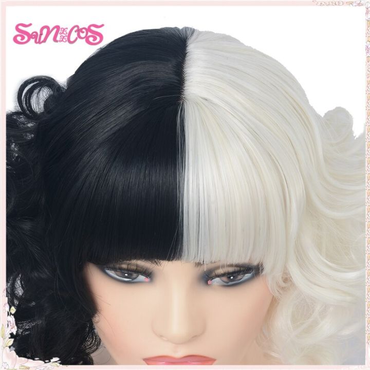 new-cruella-wigs-cruella-de-vil-short-black-white-have-bangs-hair-deville-heat-resistant-synthetic-wigs-halloween-free-wig-cap
