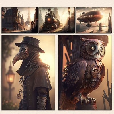 Steampunk Plague Doctor Owl โปสเตอร์-ผ้าใบพิมพ์ Steampunk Wall Art - Retro City Bar Decor-ไอเดียของขวัญที่ไม่ซ้ำกัน